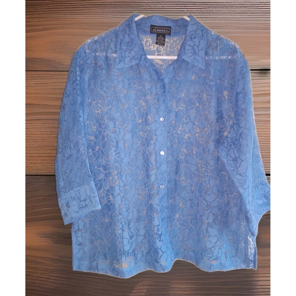 Elementz Woman's Blue Sheer Floral Textured Button Up Top Sz XL